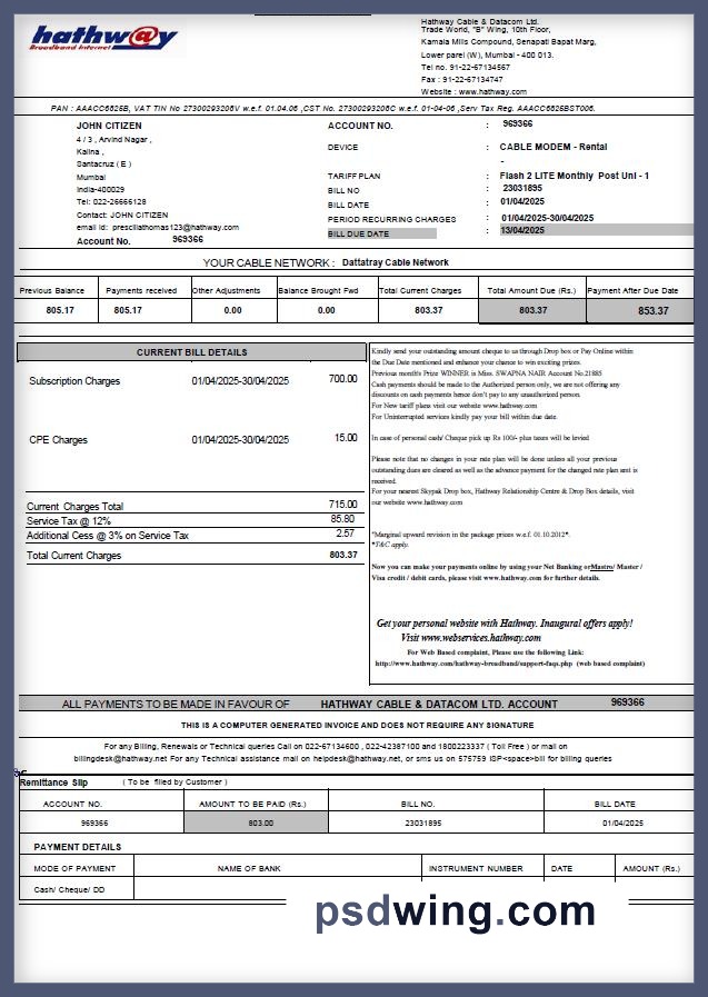 India Hathway Cable and Datacom Utility Bill
